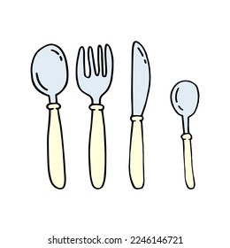 Cutlery in doodle style. Spoons, fork and knife isolated on a white background