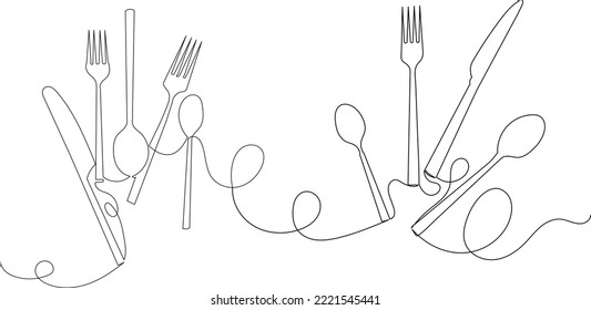 cutlery drawing in one continuous line, isolated, vector