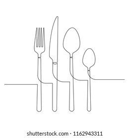 Cutlery drawn by a single black line on a white background. Continuous line drawing. Vector illustration