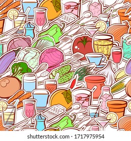 Cutlery, Drinks and Healthy food pattern. Background for printing, design, web. Seamless. Colored.