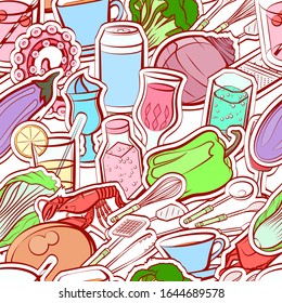 Cutlery, Drinks, Healthy food and Seafood pattern. Background for printing, design, web. Seamless. Colored.