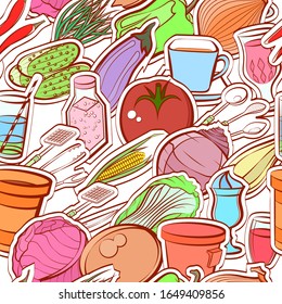 Cutlery, Drinks, Healthy food and Seafood pattern. Background for printing, design, web. Seamless. Colored.