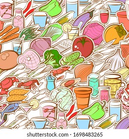 Cutlery, Drinks, Healthy food and Seafood pattern. Background for printing, design, web. Seamless. Colored.