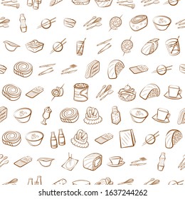 Cutlery, Drinks, Japanese food and Snacks set. Background for printing, design, web. Usable as icons. Seamless. Binary color.