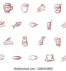 Cutlery, Drinks, Seafood and Table setting set. Background for printing, design, web. Usable as icons. Seamless. Binary color.