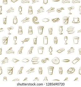 Cutlery, Drinks, Seafood and Table setting set. Background for printing, design, web. Usable as icons. Seamless. Binary color.