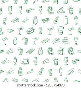 Cutlery, Drinks, Seafood and Table setting set. Background for printing, design, web. Usable as icons. Seamless. Binary color.