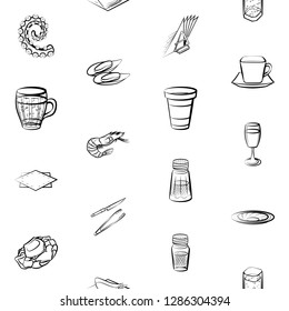 Cutlery, Drinks, Seafood and Table setting set. Background for printing, design, web. Usable as icons. Seamless. Monochrome binary, black and white.