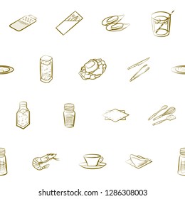 Cutlery, Drinks, Seafood and Table setting set. Background for printing, design, web. Usable as icons. Seamless. Binary color.