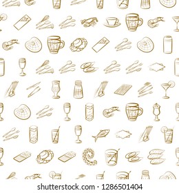 Cutlery, Drinks, Seafood and Table setting set. Background for printing, design, web. Usable as icons. Seamless. Binary color.