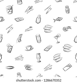 Cutlery, Drinks, Seafood and Table setting set. Background for printing, design, web. Usable as icons. Seamless. Monochrome binary, black and white.