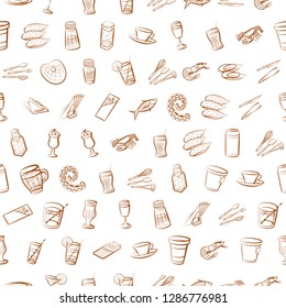 Cutlery, Drinks, Seafood and Table setting set. Background for printing, design, web. Usable as icons. Seamless. Binary color.