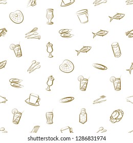 Cutlery, Drinks, Seafood and Table setting set. Background for printing, design, web. Usable as icons. Seamless. Binary color.