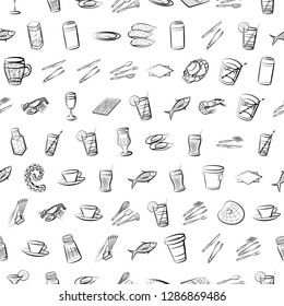 Cutlery, Drinks, Seafood and Table setting set. Background for printing, design, web. Usable as icons. Seamless. Monochrome binary, black and white.