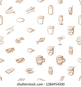 Cutlery, Drinks, Seafood and Table setting set. Background for printing, design, web. Usable as icons. Seamless. Binary color.