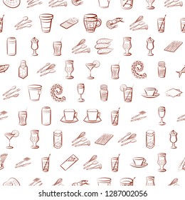 Cutlery, Drinks, Seafood and Table setting set. Background for printing, design, web. Usable as icons. Seamless. Binary color.