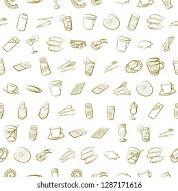 Cutlery, Drinks, Seafood and Table setting set. Background for printing, design, web. Usable as icons. Seamless. Binary color.
