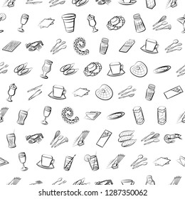 Cutlery, Drinks, Seafood and Table setting set. Background for printing, design, web. Usable as icons. Seamless. Monochrome binary, black and white.