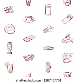 Cutlery, Drinks, Seafood and Table setting set. Background for printing, design, web. Usable as icons. Seamless. Binary color.