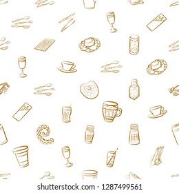 Cutlery, Drinks, Seafood and Table setting set. Background for printing, design, web. Usable as icons. Seamless. Binary color.
