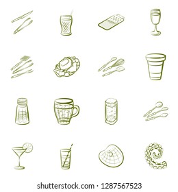 Cutlery, Drinks, Seafood and Table setting set. Background for printing, design, web. Usable as icons. Binary color.