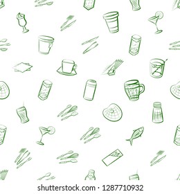 Cutlery, Drinks, Seafood and Table setting set. Background for printing, design, web. Usable as icons. Seamless. Binary color.