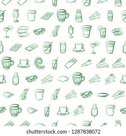 Cutlery, Drinks, Seafood and Table setting set. Background for printing, design, web. Usable as icons. Seamless. Binary color.