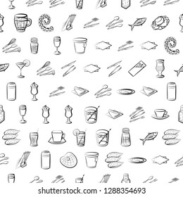 Cutlery, Drinks, Seafood and Table setting set. Background for printing, design, web. Usable as icons. Seamless. Monochrome binary, black and white.