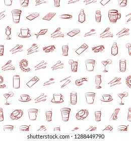 Cutlery, Drinks, Seafood and Table setting set. Background for printing, design, web. Usable as icons. Seamless. Binary color.