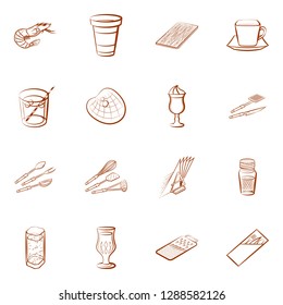 Cutlery, Drinks, Seafood and Table setting set. Background for printing, design, web. Usable as icons. Binary color.