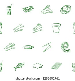 Cutlery, Drinks, Seafood and Table setting set. Background for printing, design, web. Usable as icons. Seamless. Binary color.
