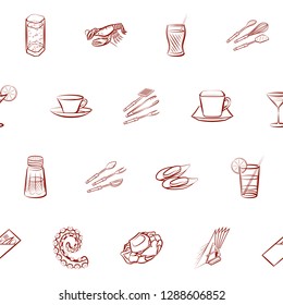 Cutlery, Drinks, Seafood and Table setting set. Background for printing, design, web. Usable as icons. Seamless. Binary color.