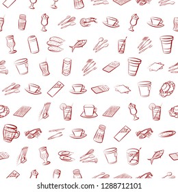 Cutlery, Drinks, Seafood and Table setting set. Background for printing, design, web. Usable as icons. Seamless. Binary color.