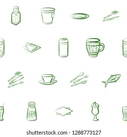 Cutlery, Drinks, Seafood and Table setting set. Background for printing, design, web. Usable as icons. Seamless. Binary color.
