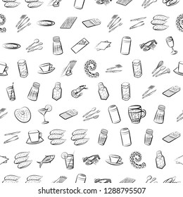 Cutlery, Drinks, Seafood and Table setting set. Background for printing, design, web. Usable as icons. Seamless. Monochrome binary, black and white.