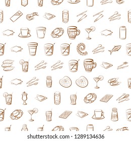 Cutlery, Drinks, Seafood and Table setting set. Background for printing, design, web. Usable as icons. Seamless. Binary color.