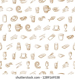 Cutlery, Drinks, Seafood and Table setting set. Background for printing, design, web. Usable as icons. Seamless. Binary color.