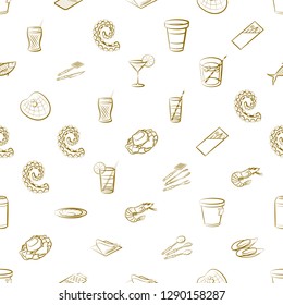 Cutlery, Drinks, Seafood and Table setting set. Background for printing, design, web. Usable as icons. Seamless. Binary color.