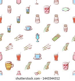 Cutlery, Drinks and Table setting set. Background for printing, design, web. Usable as icons. Seamless. Colored.