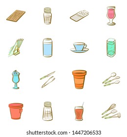 Cutlery, Drinks and Table setting set. Background for printing, design, web. Usable as icons. Colored.