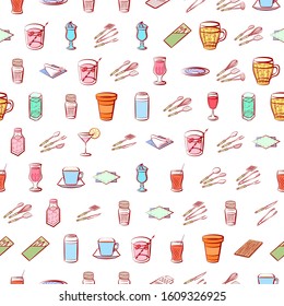 Cutlery, Drinks and Table setting set. Background for printing, design, web. Usable as icons. Seamless. Colored.