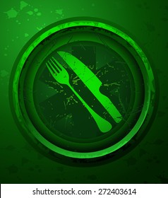 Cutlery Eating Knife and Fork imprinted into a Glossy Green Plate, Vector Illustration.