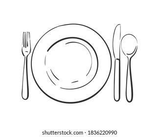 Cutlery  Empty plate and spoon  knife   fork Vector linear sketch top view isolated  Kitchen utensils  Hand drawn black line white background