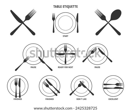 Cutlery etiquette or table rules icons set. Signs usage cutlery isolated on white background. Vector illustration
