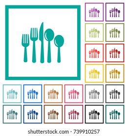 Cutlery flat color icons with quadrant frames on white background