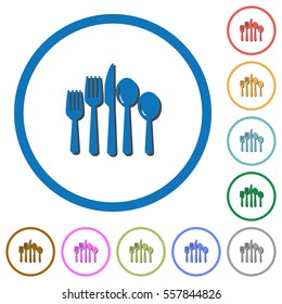 Cutlery flat color vector icons with shadows in round outlines on white background