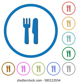 Cutlery flat color vector icons with shadows in round outlines on white background