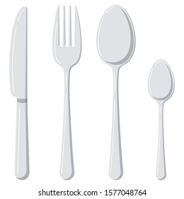 Cutlery flat design icon set isolated on white background. Top view silver tableware - spoon, fork, knife, tea spoon. Vector cartoon style kitchenware illustration.