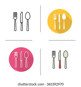 Cutlery flat design, linear and color icons set. Fork, spoon and knife. Kitchen tools. Restaurant equipment. Cuisine instruments. Contour and long shadow logo concepts. Isolated vector illustrations