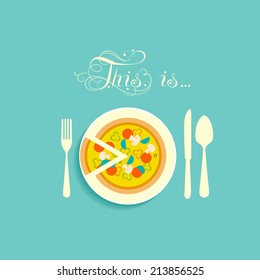 Cutlery in a flat style. Icon for menu in a restaurant. Pizza with cut a small piece lies on a plate. spoon, knife and fork. Calligraphic inscription. vector Image. Picture. Illustration. Cafe, dining
